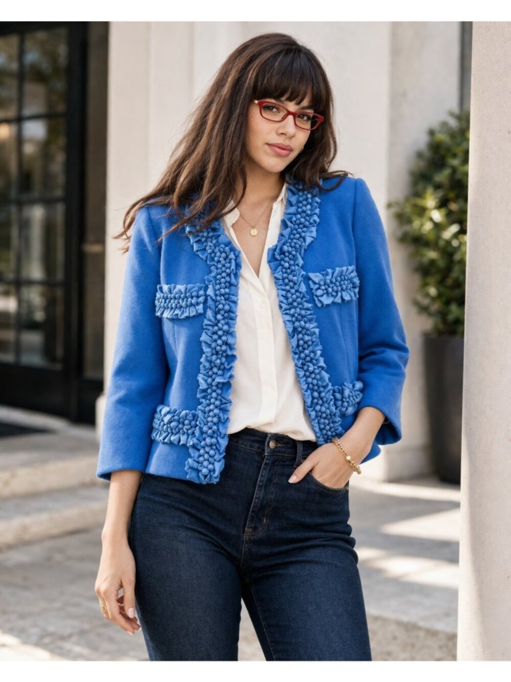 J.Crew Blue Wool Embellished Cropped Blazer Jacket Size 10 - Picture 14 of 16